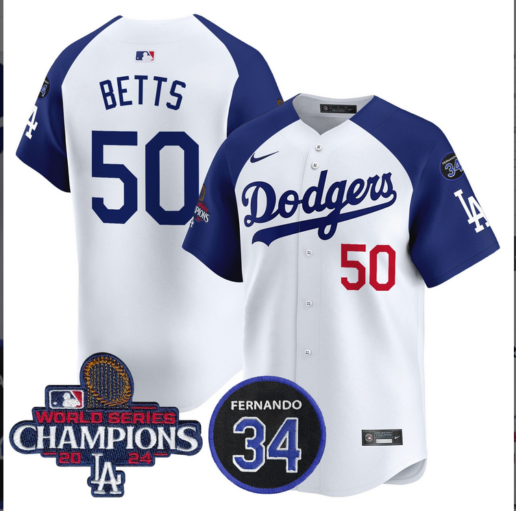 Men MLB Los Angeles Dodgers 50 Betts white 2024 World Series Champions Patch Limited Jersey style 2